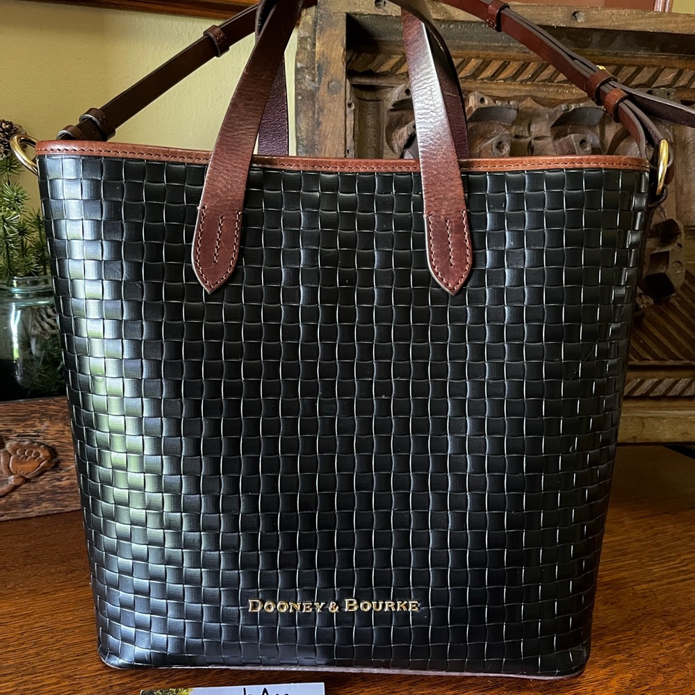 Dooney & Bourke Black Woven Lilliana Leather Tote with Brown Trim